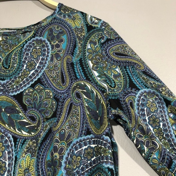 JJill Women TShirt Tunic Size XS Paisley Smocked Long Sleeve Blue Green Retro - Picture 6 of 11